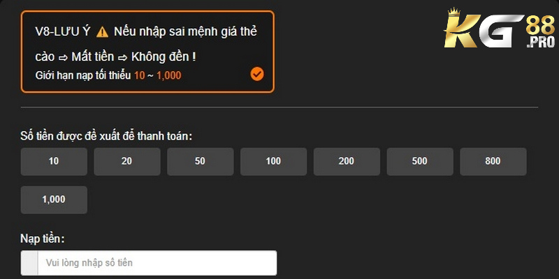 Nạp tiền tại KG88 nên kiểm tra kỹ giới hạn cho phép